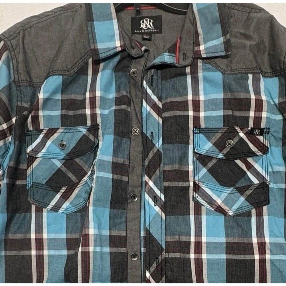 Rock & Republic Men Shirt Blue Plaid Roll Tab Sleeve Button Up Cowboy Western XL